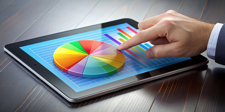 A futuristic tablet displays a colorful pie chart showing categorized data, with a finger hovering over a highlighted section, illustrating data analysis and interpretation concept.