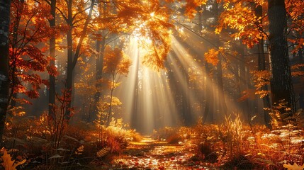 Fototapeta premium Sunbeams pierce through a misty autumn forest, illuminating vibrant foliage and a path leading into the woods.