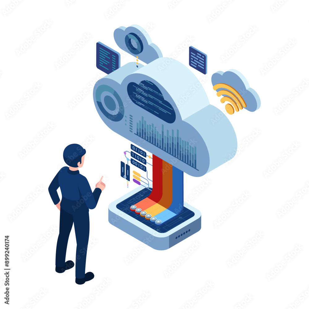 Poster isometric businessman using a cloud-based software for data analysis
