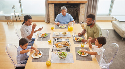 Happy family, lunch and eating food at table together for holiday celebration, bonding and sharing...