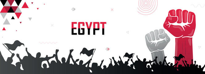 People cheer for Egypt with flags, black and red color combination national patriot banner, nation independence celebration background, raised fist, human hand, strike, parade, riot, protest or rally