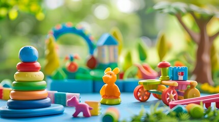 Vibrant collection of colorful motor skill toys for young children in a serene garden environment designed to stimulate learning creativity and joyful during playtime 