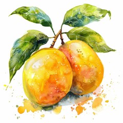 Mangoes, vibrant yellow orange, summer tropical, watercolor style, isolated on white background