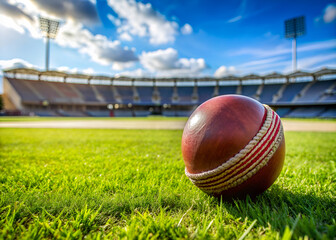 Red leather cricket ball on lush green grass with stadium backdrop Vibrant cricket ball under bright stadium lights, ready for action Classic cricket ball in iconic stadium setting