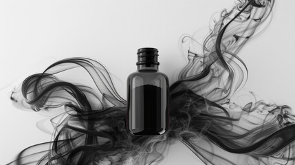 Fototapeta premium Captivating 3D Shilajit Extract Render in Clear Bottle with Smoke Tendrils, Central Focus on White Background for Wellness and Health