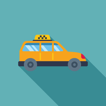 recommend clip art: Yellow taxi cab driving through city streets, in flat design style