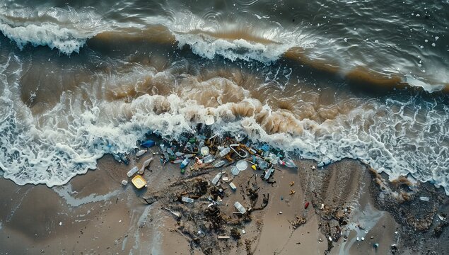 aerial view of the ocean waves crashing onto an overcast beach, with scattered plastic bottles and other debris on its shore