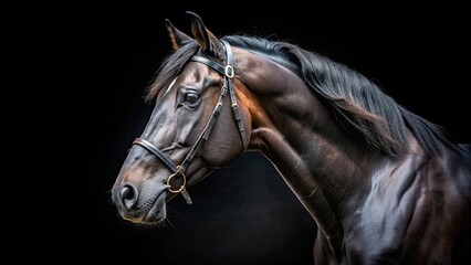 Obraz premium Close up of a black horse head with contrast lighting against a black background, black, horse, head, close up, contrast lighting