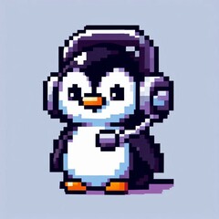Obraz premium pixel art penguin with headset on white background