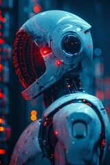 Fototapeta premium AI robot in a futuristic data center, blue and red lights, focused back view
