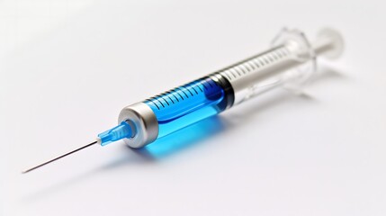 a syringe with a needle and blue liquid inside.