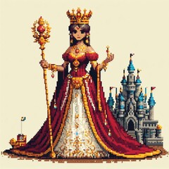 pixel art image with queen character and castle behind her