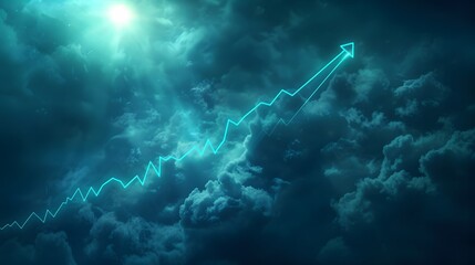 A blue sky with a bright sun and a green arrow pointing upwards