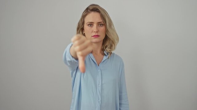 Angry young blonde woman in shirt gesturing thumbs down sign of dislike on white isolated background