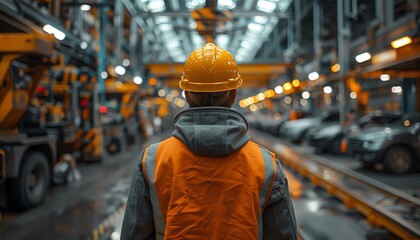 Worker in highvisibility vest, hard hat, observing automotive assembly line