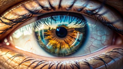 Macro shot of mesmerizing reflection inside an eye, showcasing intricate details with hyper-clarity, macro, shot
