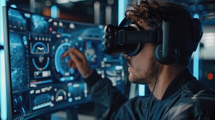 Immersed in a virtual project, a man uses a VR headset to interact with a detailed dashboard, high-tech setting