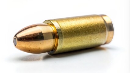 Close-up of a 9 mm ammunition shell on a white background, ammo, bullets, firearm, weapon, military, protection