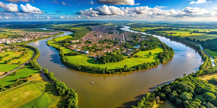 Beautiful aerial view of Porto Rico, Paran?, Brazil with lush green landscape, winding rivers, and vibrant cityscape
