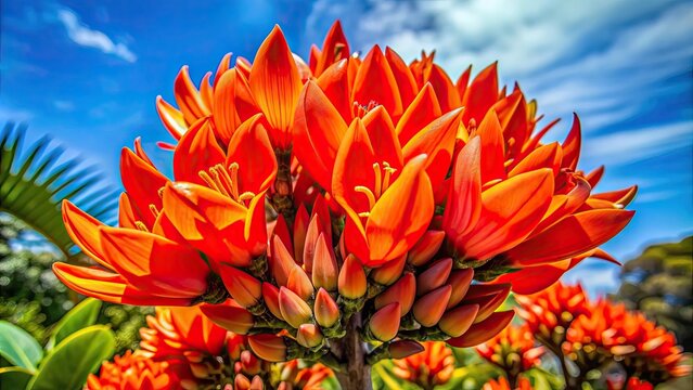 Vibrant red Butea monosperma flower in full bloom on a sunny day , Butea monosperma