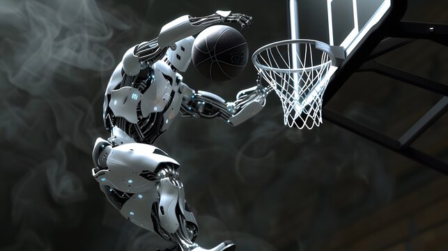 Robot Basketball Player Dunking: A sleek robot leaping into the air to dunk a basketball into the hoop. 
