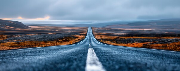 Long straight asphalt road disappearing into horizon, symbolic journey, Endless asphalt road, adventure