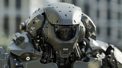 Military-colored anime robot with a mono lens, 3D render, showcasing futuristic and detailed design