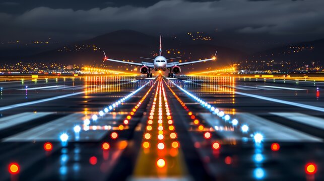 Night view of asphalt airport runway, lights and reflections, Asphalt runway night, aviation scene