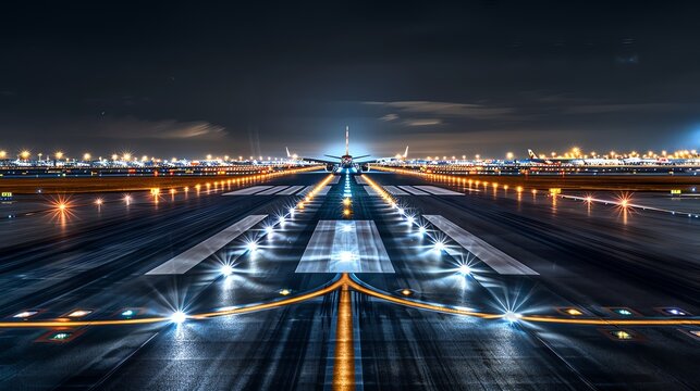 Night view of asphalt airport runway, lights and reflections, Asphalt runway night, aviation scene