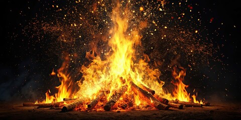 Burning embers glowing as sparks fly from large fire in the night sky over black background , fire, sparks, glowing, embers