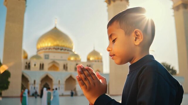 Muslim boy in a mosque, worshiping and offering prayers for Eid al-Fitr and fasting