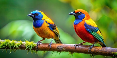 Colorful birds Tangara Xanthocephala and Tangara Coronigualda perched on a branch in the rainforest