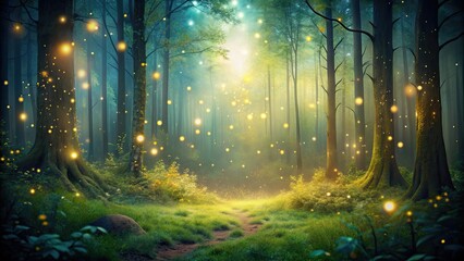 Enchanted mystical forest background with fireflies and rays of light , mystical, enchanted, forest, background