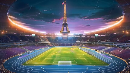 A soccer field with a large Eiffel tower in the background