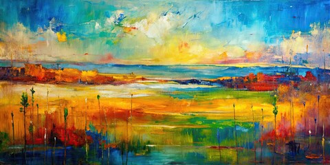 Abstract landscape painting with small amounts of acrylic paint scraped across canvas, abstract, landscape, painting, acrylic