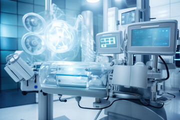 Advanced medical equipment and monitors in a hospital room with a clean, clinical background, illustrating modern healthcare technology concepts.
