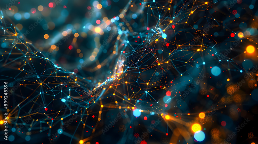 Poster futuristic digital depicting a complex data network with intricate glowing pathways colorful interco