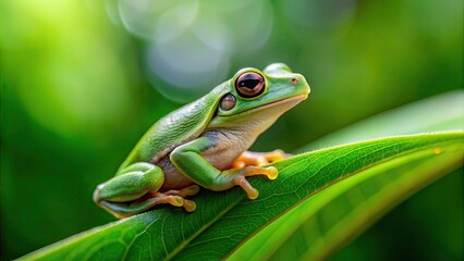 Obraz premium Close up of tiny green frog perching on plant leaf in garden, frog, green, plant, leaf, garden, nature, wildlife, close up