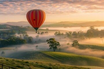 Obraz premium Hot Air Balloon Over Misty Sunrise Landscape