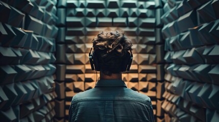 A person in a soundproof room, symbolizing the quieting of the mind