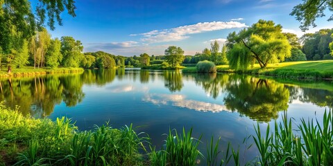 Obraz premium Serene landscape featuring a tranquil lake surrounded by lush greenery , nature, water, reflection, peaceful, scenery, outdoors