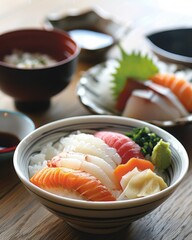 Fresh Sashimi Bowl with Rice and Side Dishes