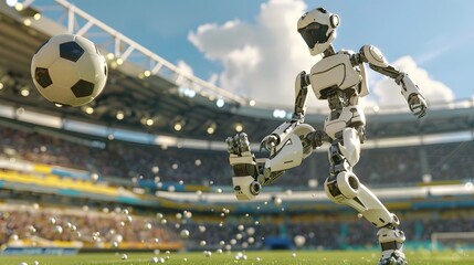 Robot Soccer Player Kicking Ball: A futuristic robot in mid-kick, sending a soccer ball flying across a high-tech stadium. 