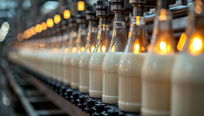 Obraz premium Milk bottles filling line in a dairy product factory plant 