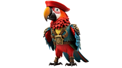 Colorful parrot wearing a red beret and military attire. Perfect image for themes of avian intelligence, military, and creativity.