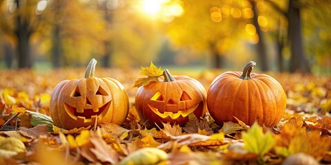 Close up of Halloween pumpkins in the park covered in autumn yellow leaves, Halloween, pumpkins, park, autumn, yellow leaves