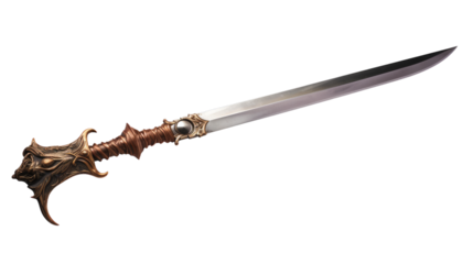 A detailed photo of a medieval sword with an ornate handle and gleaming blade, perfect for use in fantasy and historical themes.