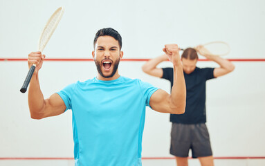 Portrait, athlete and man in court, victory and success for playing in sports, celebration and...