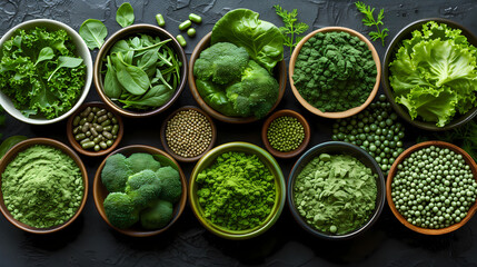 Obraz premium Vibrant Array of Green Superfoods in Flat Lay Composition Featuring Fresh Vegetables, Green Powders, and Capsules, Emphasizing Health and Freshness