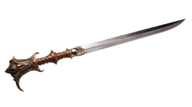 A detailed photo of a medieval sword with an ornate handle and gleaming blade, perfect for use in fantasy and historical themes.